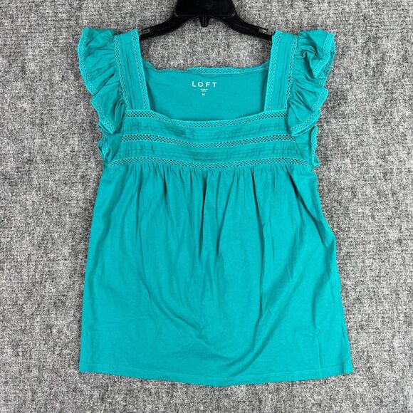 LOFT Shirt Womens M Blue Cutout Ruffle Flutter Sleeves Square Neck Wonderlust - Picture 1 of 8